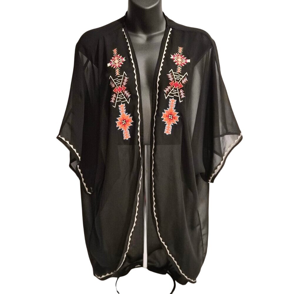 Black Sheer Kimono Wrap with Red Orange Southwestern Embroidery Boho Cover Up